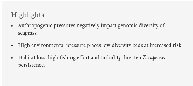 A great way to start the new year is with a paper in press - our latest paper (with @phair_nikki @ToBoLab), shows that anthropogenic pressures such as habitat loss can drive declining genomic diversity in seagrasses. bit.ly/2QB4Fdu @ELSenviron @ProjectSeaStore