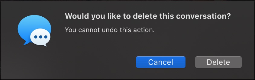 A macOS modal popover with "Cancel" and "Delete" buttons.