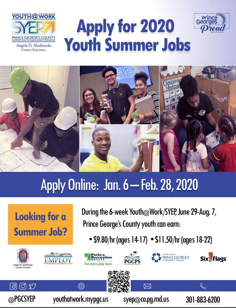pgcps's tweet photo. Applications for the Prince George's County 2020 Youth@Work/Summer Youth Enrichment Program are open and will be accepted through February 28! The program offers youth ages 14-22 paid summer employment experiences.
▶️ More Info/ Apply: https://t.co/Qls7dOUUZT https://t.co/wwsRpCKWc4