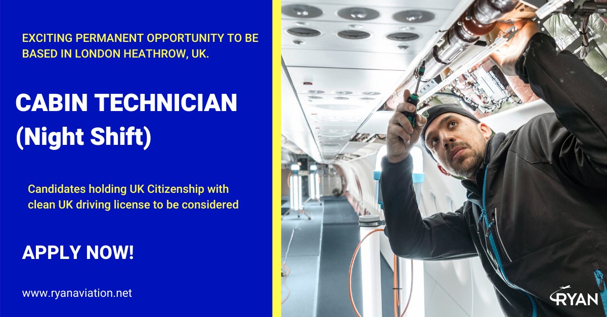 ryanaviation2's tweet photo. #JoinUs

We are hiring for a Cabin Technician to be based in London Heathrow Airport, UK for our trusted client in the aviation industry. Interested EU preferably UK based candidates can apply directly on edwina@ryanaviation.net
https://t.co/4V8b21dRnv https://t.co/qo53xjFW4Z