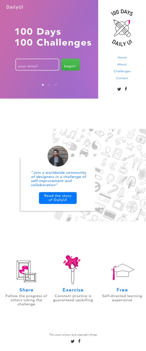 Tynermeister's tweet photo. #Dailyui100. That's it. Donezo. 100 designs. Took 4 months longer than it should have (dragged the feet on the last 5). What'll I distract myself with to avoid doing actual work now?? #ux #ui #userinterface #webdesign #designdaily #uxdesign https://t.co/lFk7gYPJf6