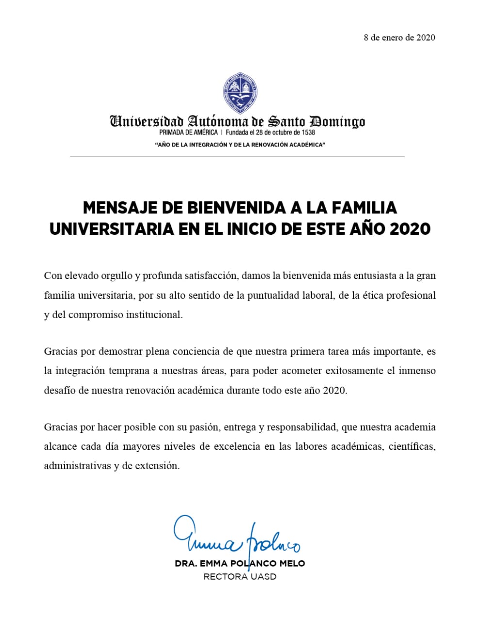 Mensaje de bienvenida a estudiantes de nuevo ingreso