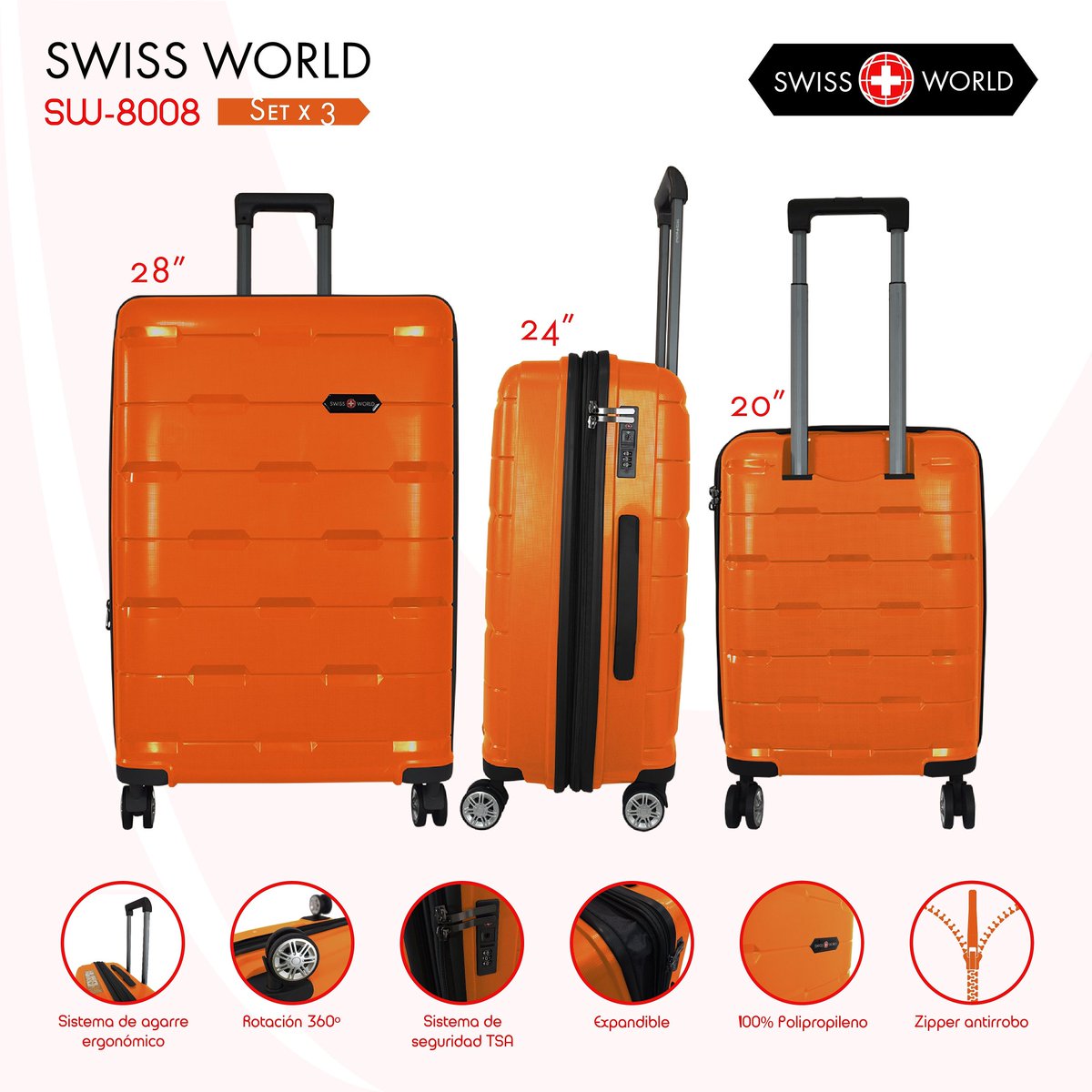 tumaletaco's tweet photo. #SWISSWORLD Set #Maletas x 3 pcs 20"24"28" #UltraDurable, material 100% #Polypropileno, Cremallera de #seguridad #AntiRobo, Clave TSA, Ruedas #AntiRuido, Garantía: 3 Años, #expandible 5cm, carro en Aluminio,  #giratoria 360°, Color: Orange 
Precio set x 3pcs $699.900 + envío https://t.co/8wT9wPPcM2