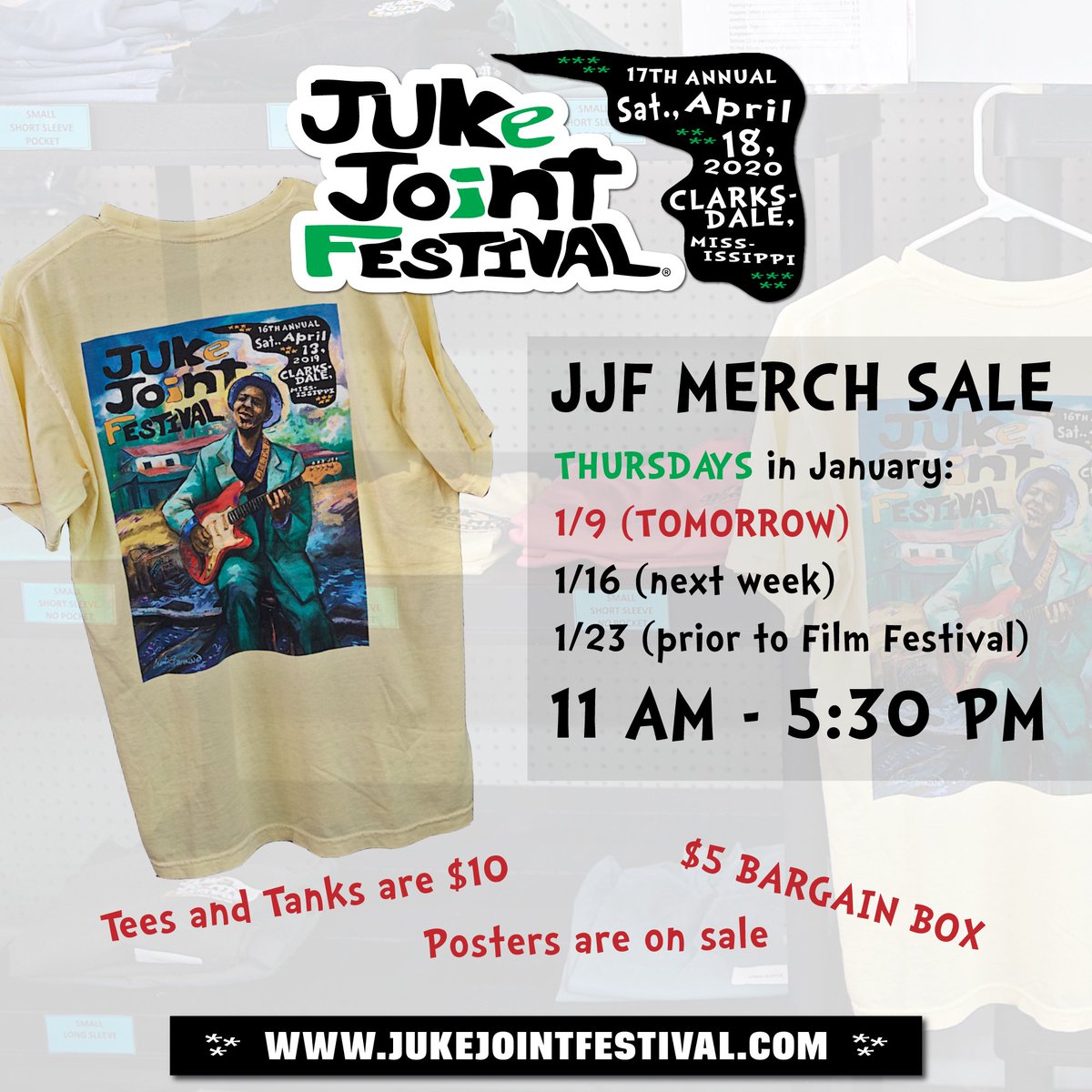 🚨JUKE JOINT FESTIVAL MERCH SALE🚨

JJF HQ at 243 Delta Ave will be open on Thursdays in January from 11 AM to 5:30 PM starting TOMORROW. Tees, tanks, posters, swag &amp; more. Plus our $5 bargain box. Y'all come shop with us!

#jukejointfestival