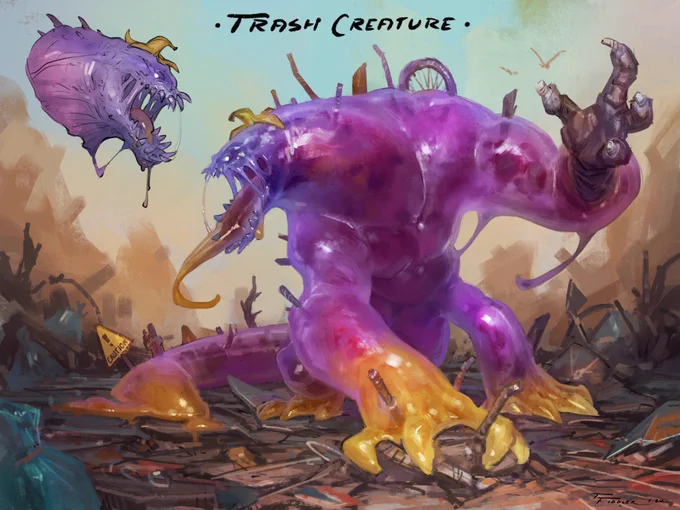 Day 7 of #creatuanary2020!! #trashcreature! This big ball of ooze is able to take in materials from his environment, which can be then assimilated and repurposed into parts of his own body. Usually found scavenging in trash dumps. ?? #creatuanary #slime #monster #art #procreate 