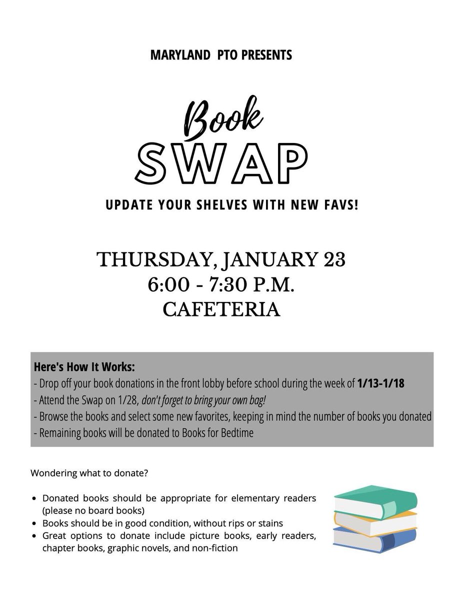 readingresource's tweet photo. How does it work? Drop off book donations in the MD Lobby during the week of 1/13-1/18. Attend the Swap on 1/28 & browse the books & select some new favorites, keeping in mind the number of books you donated. Remaining books will be donated to Books for Bedtime! #mallardsread https://t.co/oDxckeQ8fs