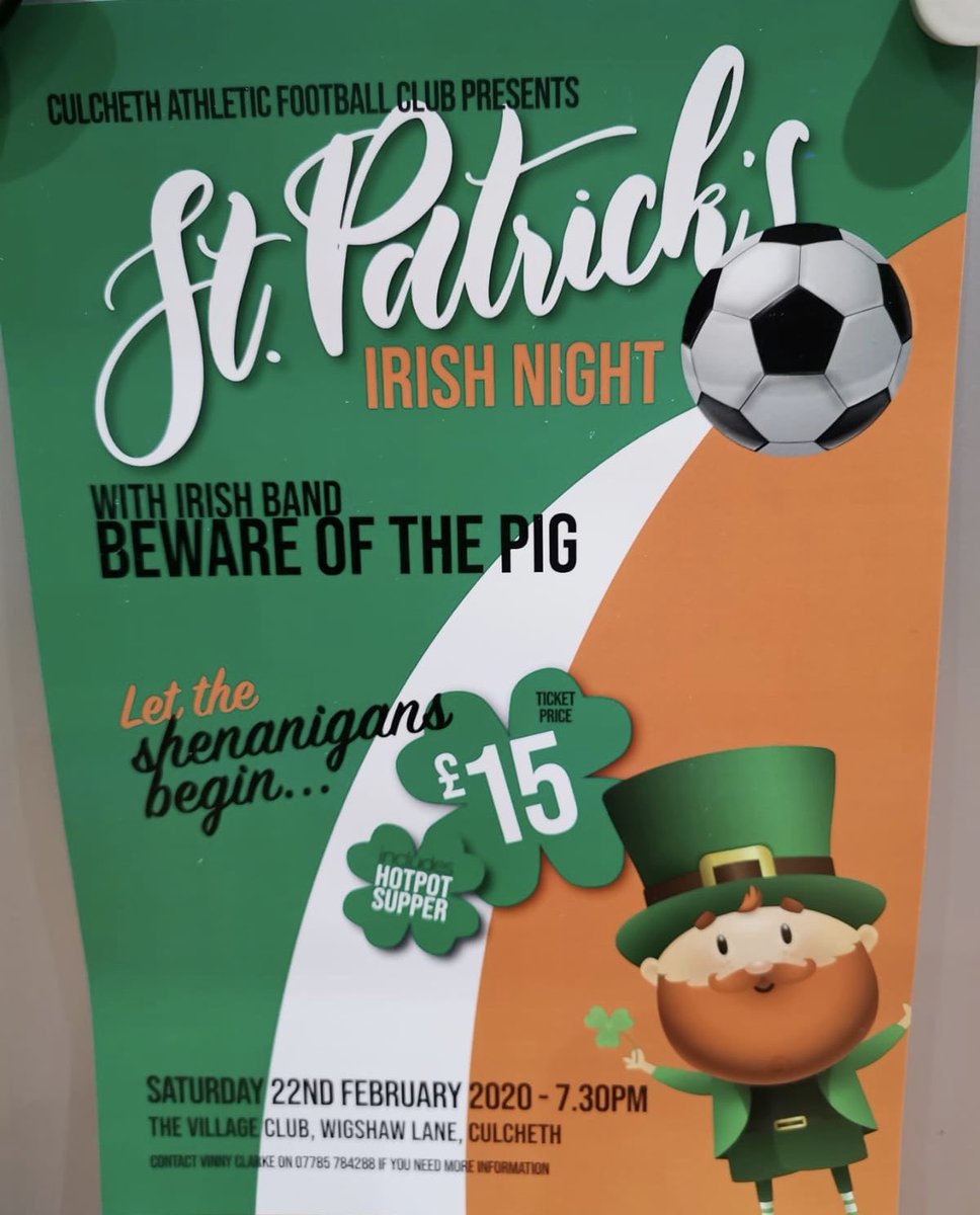 ☘️☘️ St Patrick’s Irish Night ☘️☘️

🪕 Our annual club fundraiser is always great craic with a live Irish band and a Hotpot Supper included 🍲

SAVE THE DATE: SATURDAY 22nd FEBRUARY 7.30pm

🥂 VENUE: THE VILLAGE CLUB, CULCHETH 🍻

FOR TICKETS CONTACT: VINNY on 07785 784288