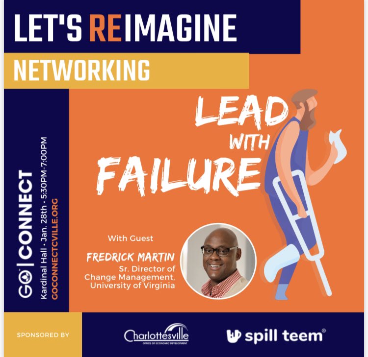martin_fredrick's tweet photo. Join me for a great discussion on seeing failure as a value-add. Details can be found below. @CMCCenter @ChgMgmtReview @leadchangegroup @spillteem #changemanagement #leadership #personaldevelopment #networking @CvilleCityHall https://t.co/jvodbfZ007