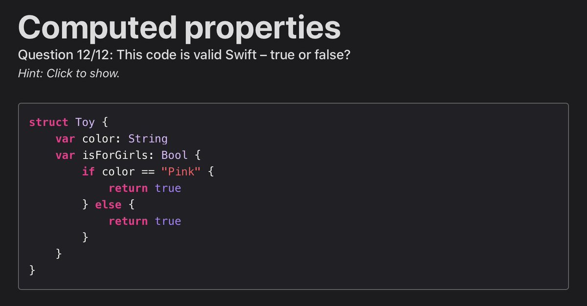  Completed day 8 of  #100DaysOfSwift  #100DaysOfSwiftUIFew new things for me today, but here are two of my favorite questions so far! :D