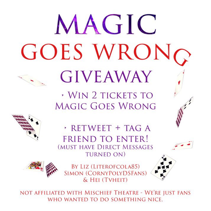 CornyPolyDSfans's tweet image. ✨🎩 MISCHIEF FAN GIVEAWAY 🎩✨
To celebrate opening night going right we're hosting a giveaway for TWO front row* tickets @magicgoeswrong #MagicGoesWrong
RULES
- retweet this tweet to enter (read the 2nd image for information)
- that's it! T&amp;amp;Cs are in the replies
💥GOOD LUCK 🕊