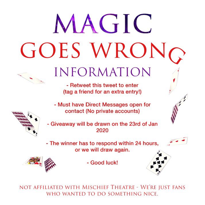 CornyPolyDSfans's tweet image. ✨🎩 MISCHIEF FAN GIVEAWAY 🎩✨
To celebrate opening night going right we're hosting a giveaway for TWO front row* tickets @magicgoeswrong #MagicGoesWrong
RULES
- retweet this tweet to enter (read the 2nd image for information)
- that's it! T&amp;amp;Cs are in the replies
💥GOOD LUCK 🕊
