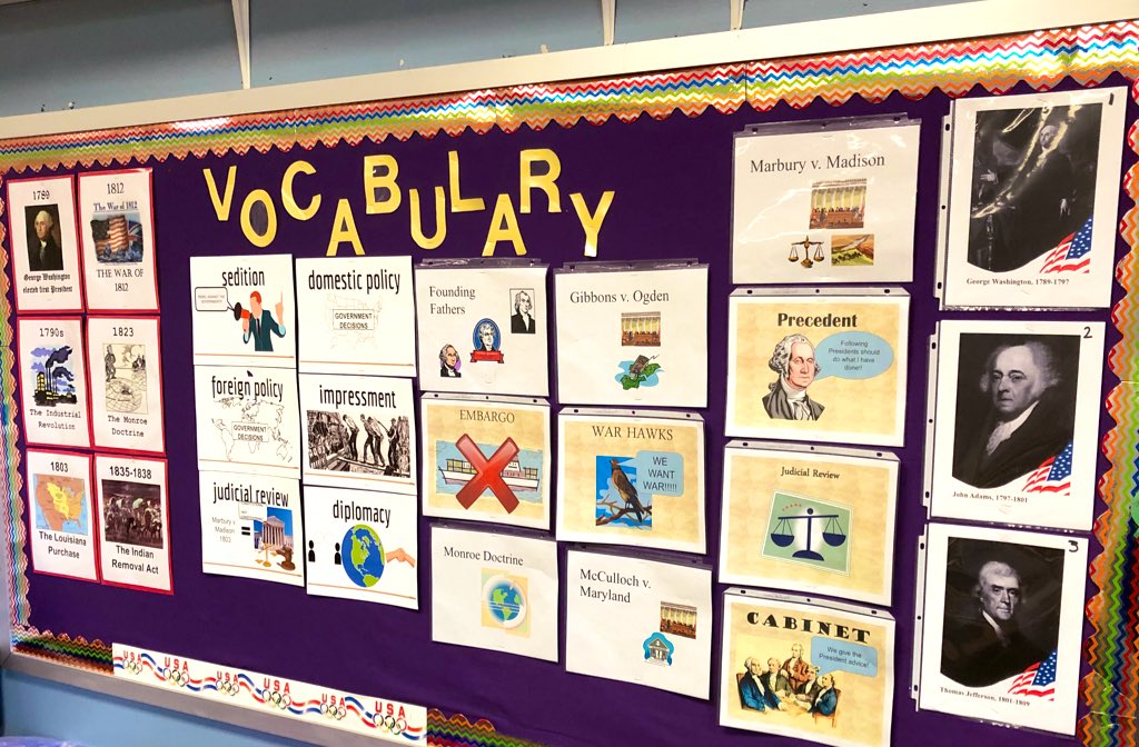mrschapmanedu's tweet photo. Unit 4 Early Republic Vocabulary Wall! #historyrocks #socialstudiesmatters #washingtonspresidency #warof1812 #domesticpolicy #foreignpolicy @CFB_Soc_Studies @PolkMSPrincipal @CFBISD https://t.co/tRJwKkUBU5