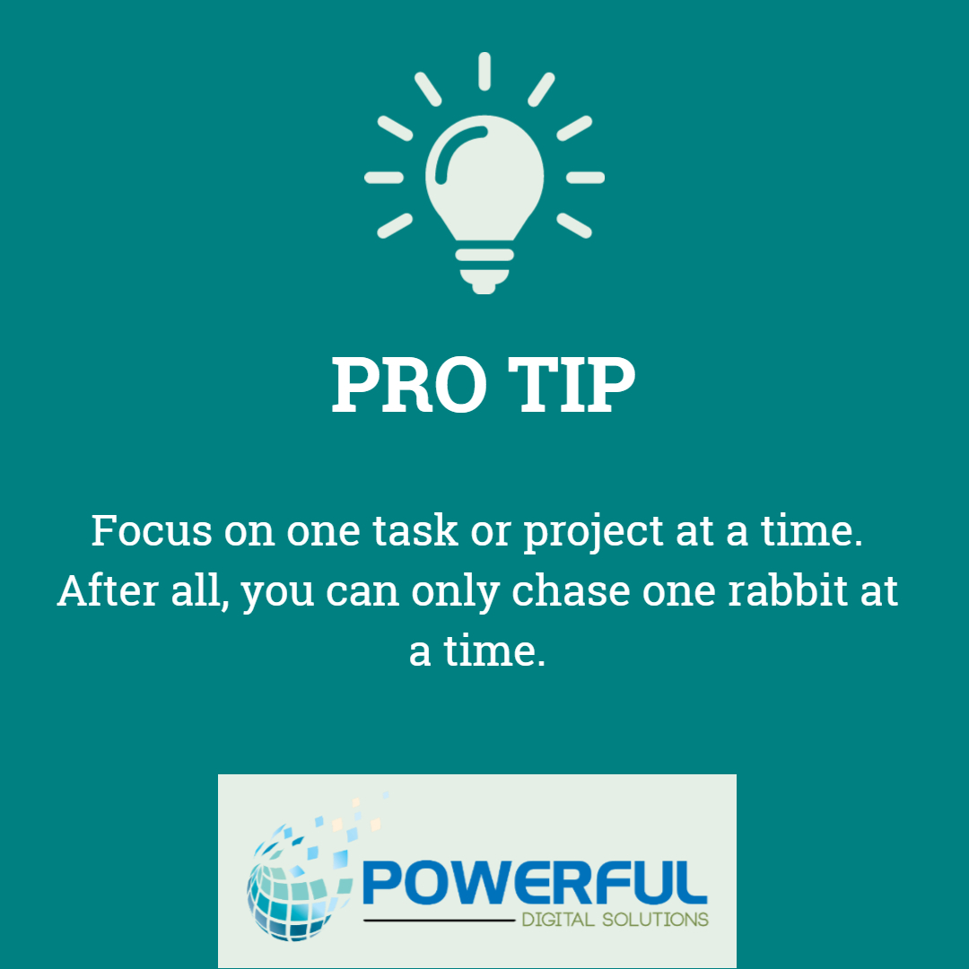 PowerfulDS's tweet photo. Focus on one task or project at a time. After all, you can only chase one rabbit at a time.
#PDSProTip #PowerfulDigitalSolutions #Entrepreneur https://t.co/wWrhDLrsee
