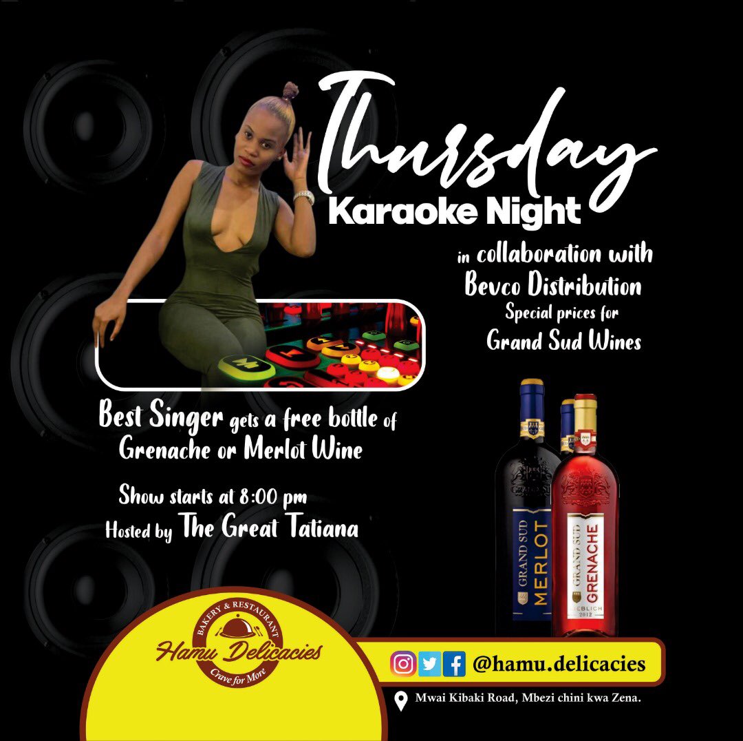 HamuDelicacies's tweet photo. It is Thursday again.... in collaboration with Bevco Distributors, We bring you Karaoke night hosted by the Talented Tatiana.  Best singers walk away with a bottle of Merlot or Grenache Wine. Karibuni https://t.co/HQMPnvILg5