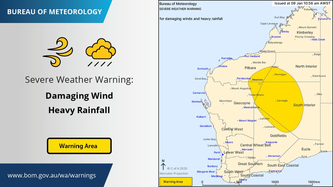 BOM_WA's tweet photo. Severe weather warning for heavy rainfall and damaging winds associated with EX Tropical #CycloneBlake. 24 hour rainfall totals to 9am include Marble Bar 144.2 mm & Newman Airport 142.8 mm. There was a wind gust of 76km/hr at Newman at 9.28am. https://t.co/kUUU4u7WWP https://t.co/GzZuflYpaa