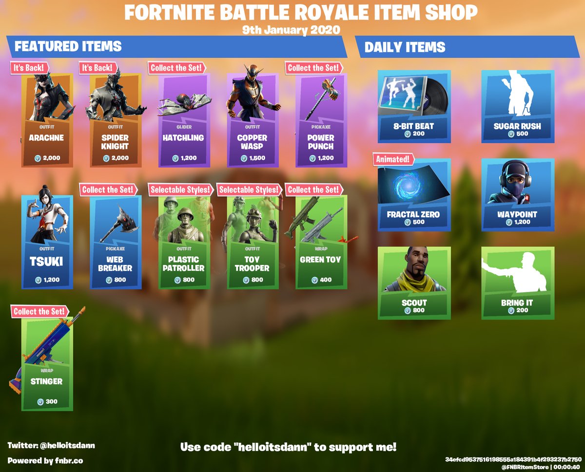 FNBRitemstore's tweet photo. Fortnite Item Store for 9th January 2020

Use code “helloitsdann” to support me! <3 https://t.co/A5NGsatgmi