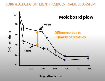 TerryDaynard's tweet photo. Excellent presentation on soil carbon today at #SWAC20 by @Anne_Verhallen and @AGillespieSoil. How concepts of soil organic matter have changed in a very few years. Enjoyed this graph. Which contributes more to soil OM, corn residue or alfalfa? Depends on when measured. https://t.co/HefZGWHSum
