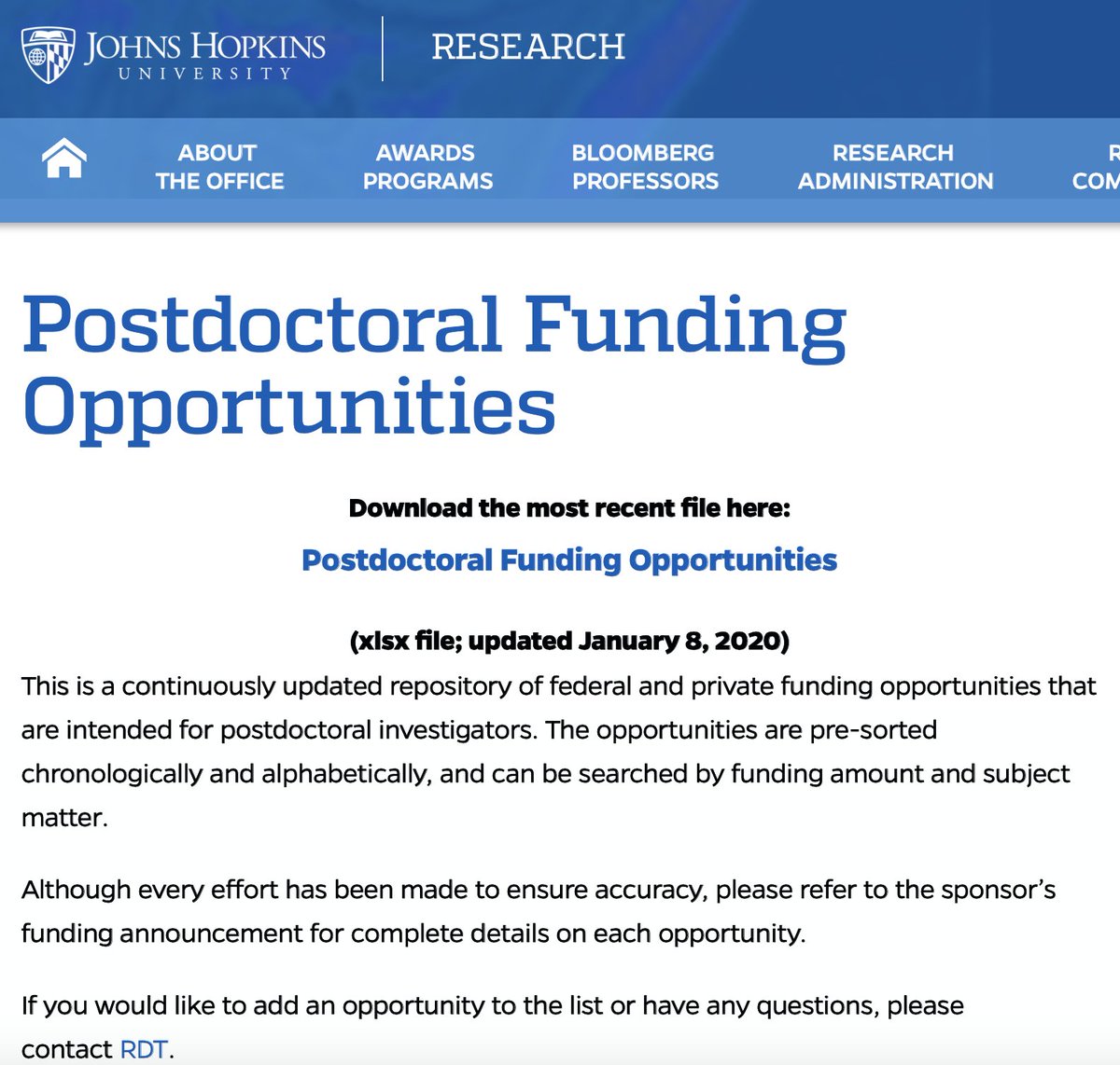 Just updated today, our list of fellowships for postdocs in all fields of research.  

This list of 316 (!!) types of fellowships is updated monthly, searchable by field, amount, deadline, etc.

Download here: research.jhu.edu/rdt/funding-op…