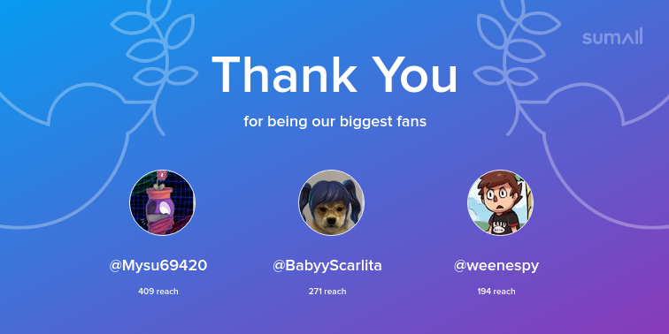 Our biggest fans this week: Mysu69420, BabyyScarlita, weenespy. Thank you! via sumall.com/thankyou?utm_s…