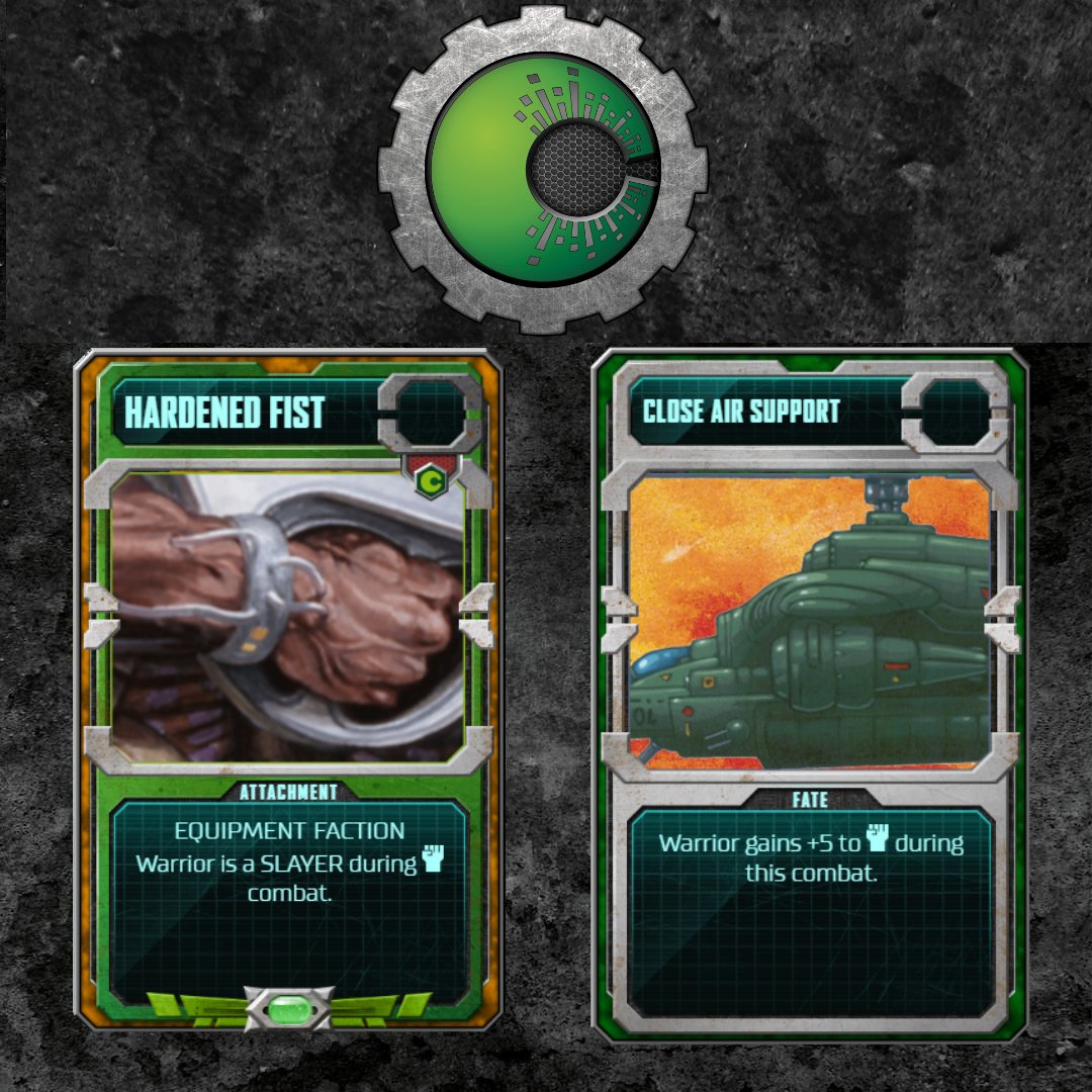 DoomtrooperGame's tweet photo. Attach Hardened Fist to a WARRIOR to make them also become a SLAYER during fight combat.
Your stats aren't high enough? Boost them temporarily with Close Air Support to gain the upper hand!
#Gamedev #CCG #Cybertronic https://t.co/fipFIENap2