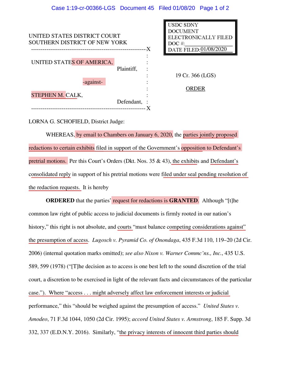 USA v Calk - ORDER - parties agreed to “certain” redactions re Evidence (SOP pre-trial process)Looks like we will soon get to see some of the evidence. And that delights me. Yes I know but Calk is my petPaywall https://ecf.nysd.uscourts.gov/doc1/127126159681Public Drive https://drive.google.com/file/d/1zAK-EFJa67TGb2ZQfwpOYeIGJ-3DQSSQ/view?usp=drivesdk