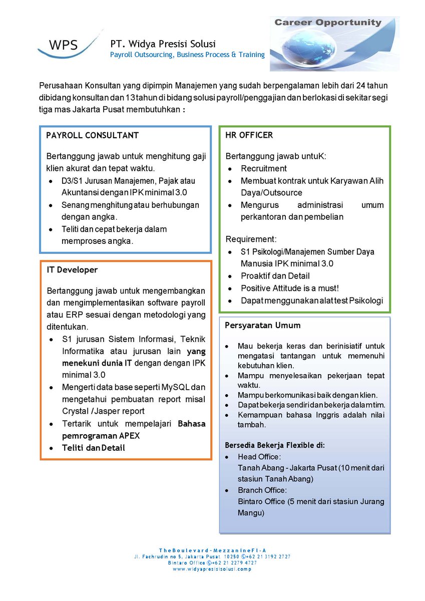 PT. Widya Presisi Solusi membuka beberapa lowongan dan bagi yang berminat kirim email ke CRC!