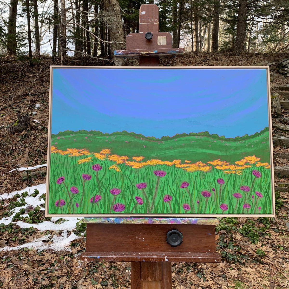MarciaCrumley's tweet photo. Photo session!! On the easel: Field Thistles, 24” x 36”. 
#expressivelandscape #landscapepainting #contemporarylandscape #portlandme #artistlife #workingartist #womenwhopaint #trees #newenglandartist #bostondesigner #interiordesign #mainehomedecor #color #maineartist https://t.co/6HRBP9Sw6A