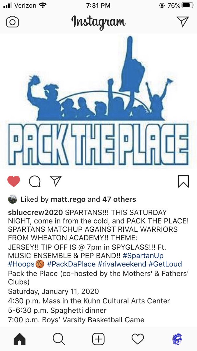 SBluecrew2020's tweet photo. SPARTANS!!! THIS SATURDAY NIGHT, come in from the cold, and PACK THE PLACE! SPARTANS MATCHUP AGAINST RIVAL WARRIORS FROM WHEATON ACADEMY!! THEME:JERSEY!! TIP OFF IS @ 7pm in SPYGLASS!!! Ft. MUSIC ENSEMBLE &amp; PEP BAND!! #SpartanUp #Hoops🏀 #PackDaPlace #rivalweekend #GetLoud https://t.co/O67DJe4tuO