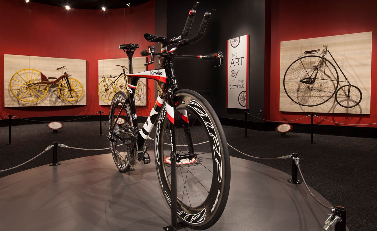 Picture of a racing bicycle inside the Art of the Bicycle exhibit at the Museum of Science and Industry. 
