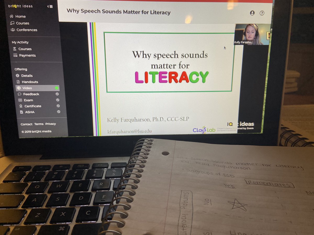 MissMarisaSLP's tweet photo. The learning never ends! Just finished this AMAZING webinar taught by one of my favorite grad school professors regarding the important ties between speech sound disorders and literacy. #slpsummit #speechtherapy https://t.co/3cBNJJhPR3