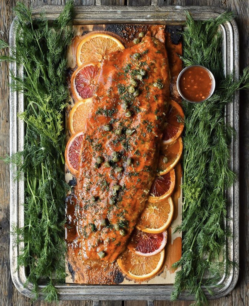 Zimmysnook's tweet photo. Cedar planked Wild Sockeye Salmon.
The marinade includes garlic, citrus zest, Dijon, white wine, soy sauce, honey, dill &amp; sambal oelek.
Tried to make a Wednesday night in January feel special by serving it on an antiqued serving tray! 🤷‍♂️
Hope y’all had a great day! 
#weberpartner https://t.co/WeSoQKQbOQ