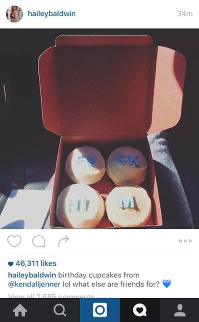 17. hours later, girlie posted a photo showing the cupcakes Kendall had sent her n had written "fuck him" indirectly for Justin. she also liked an Instagram post confirming the rumor that justin had ignored her by selena