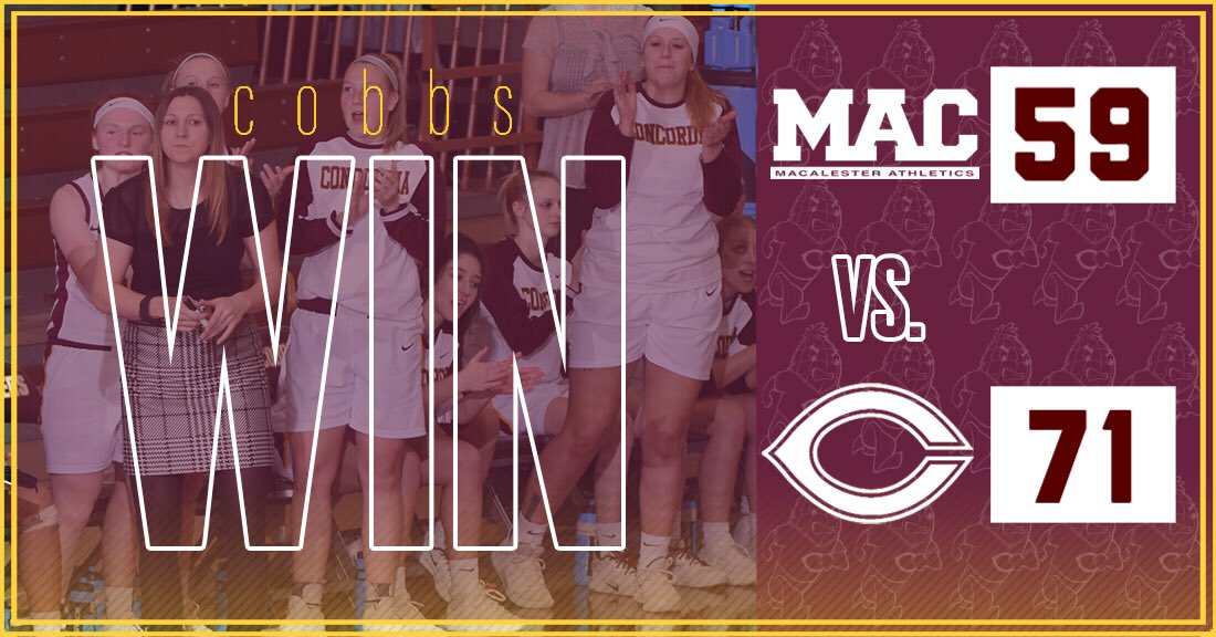 COBBS WIN🌽! COBBS WIN🌽! 
Cobbers score 40 pts. in the 2nd &amp; 3 qrtrs &amp; beat Macalester 
FG%: CC 45.6%, MAC 35.9%
3PT FG: CC 4-11, MAC 2-17
REB: CC 40, MAC 34
- Bailee Larson leads CC with 11 pts. &amp; 10 reb. 
- CC now 5-7, 3-4 MIAC
- Up Next: at St. Kate's on Sat.