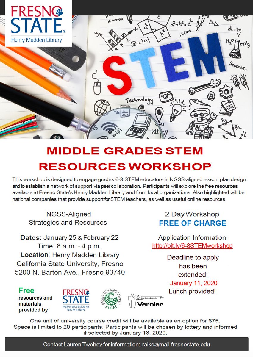 STEM_Fresno's tweet image. Yes! There is still time to register for this free 2-day workshop designed for middle school science teachers! Included: Lunch, materials from Vernier +, &amp;amp; professional networking! (Optional: 1 unit of credit) Coordinated by @Fresno_MAE_CI student &amp;amp; science teacher Lauren Twohey!