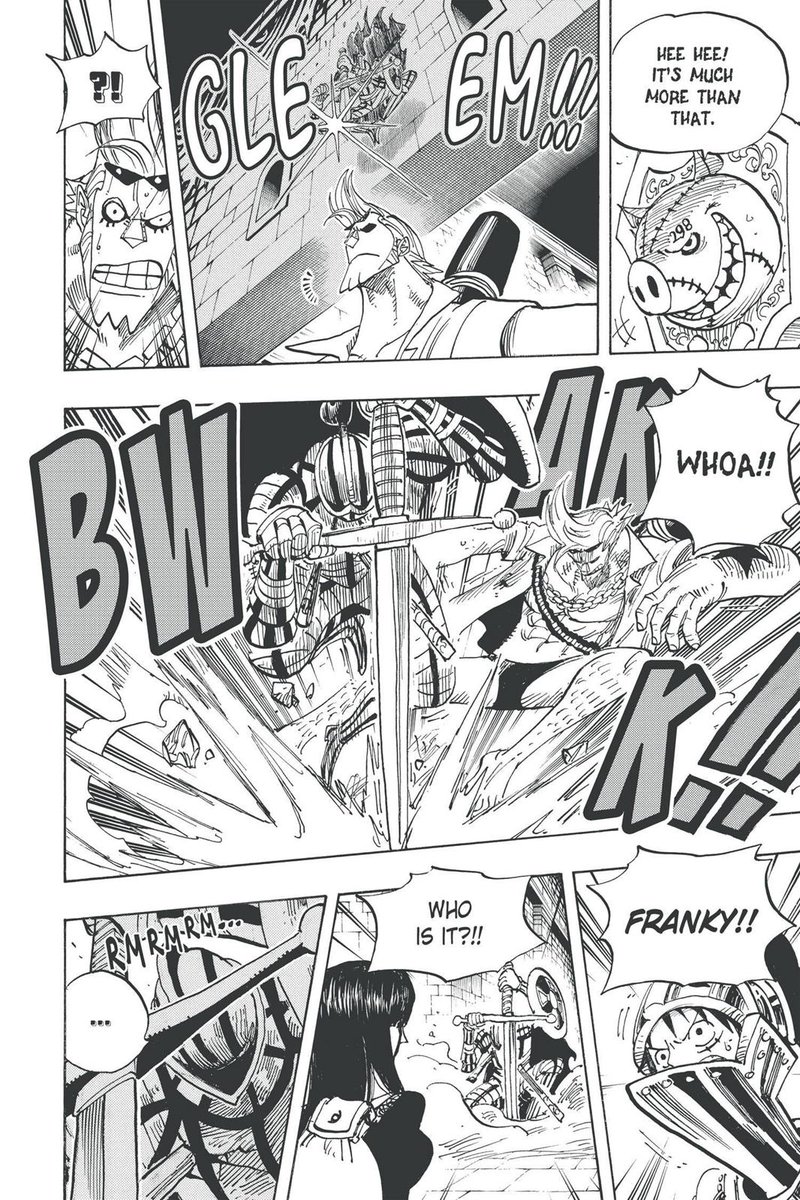 In Thriller Bark, Franky was able to avoid a sneak attack from a general zombie who was also master swordsman. Evading his attacks at. Lose range and even blocking his attacks. Attacks from a swordsman capable of using flying slashes so strong they were able to damage the castle.