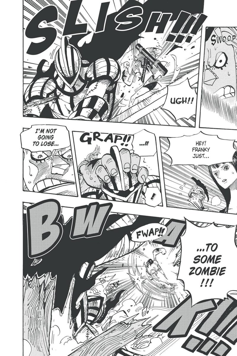 In Thriller Bark, Franky was able to avoid a sneak attack from a general zombie who was also master swordsman. Evading his attacks at. Lose range and even blocking his attacks. Attacks from a swordsman capable of using flying slashes so strong they were able to damage the castle.