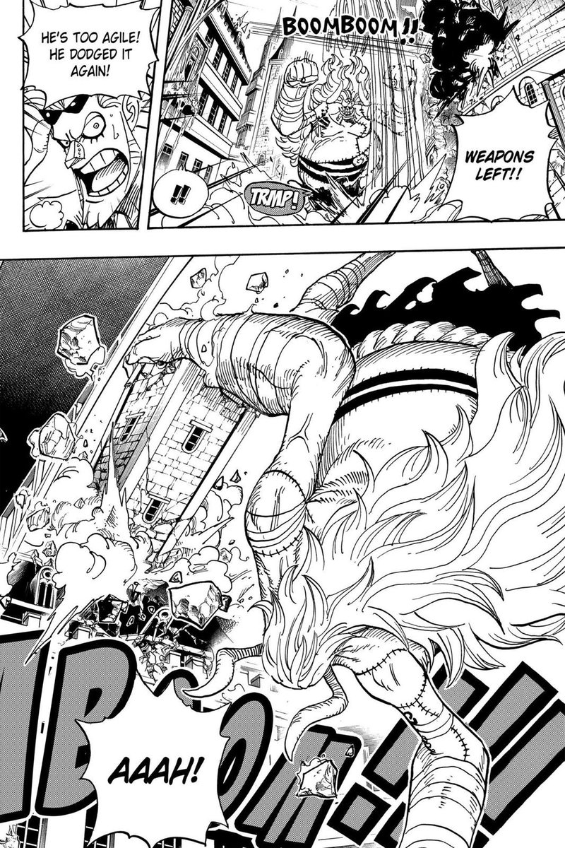 In the battle against oars he took some hits from the giant himself along with having a tower smashed on him but was able to fight later on. Did heavy damage to Oars alongside Chopper and even Zoro. He also was heavily injured, but was able to stand up by the time Kuma arrived.