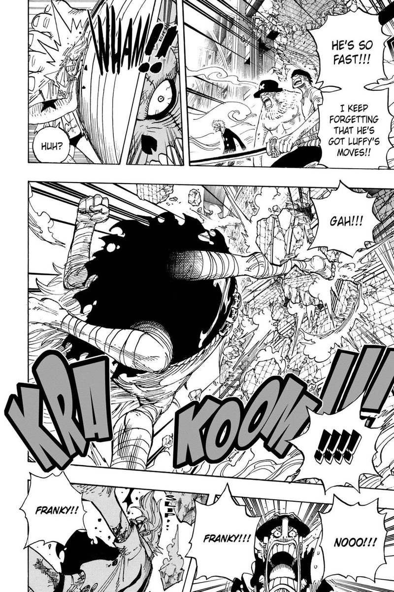In the battle against oars he took some hits from the giant himself along with having a tower smashed on him but was able to fight later on. Did heavy damage to Oars alongside Chopper and even Zoro. He also was heavily injured, but was able to stand up by the time Kuma arrived.