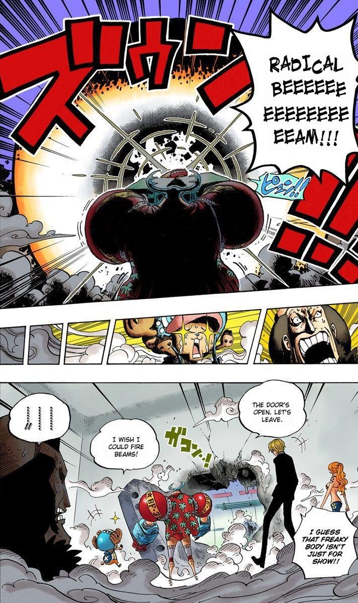 One of the newest and strongest weapons Franky shows off is the radical beam. Being capable of pretty much one shotting Ikkaros. In Pink hazard this attack was also used for breaking down extremely thick steel doors that seemed to absorb physical attacks.