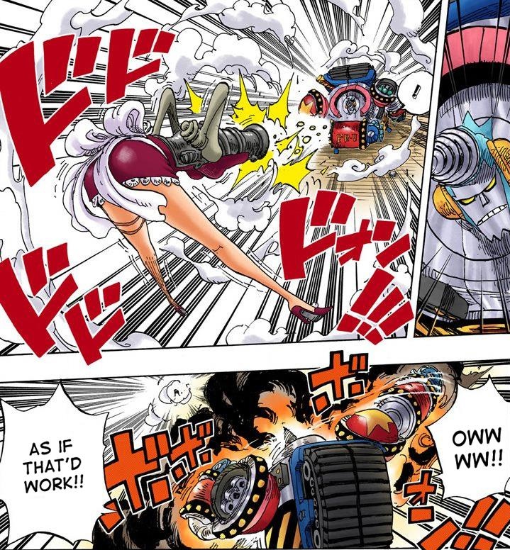 In Punk Hazard we get a better view at the durability of General Franky as he is attacked by Baby 5 and Buffalo. Which be is able to easily defeat and brush off their attacks.