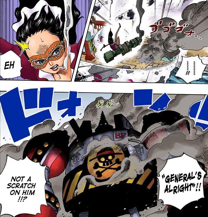 In Punk Hazard we get a better view at the durability of General Franky as he is attacked by Baby 5 and Buffalo. Which be is able to easily defeat and brush off their attacks.