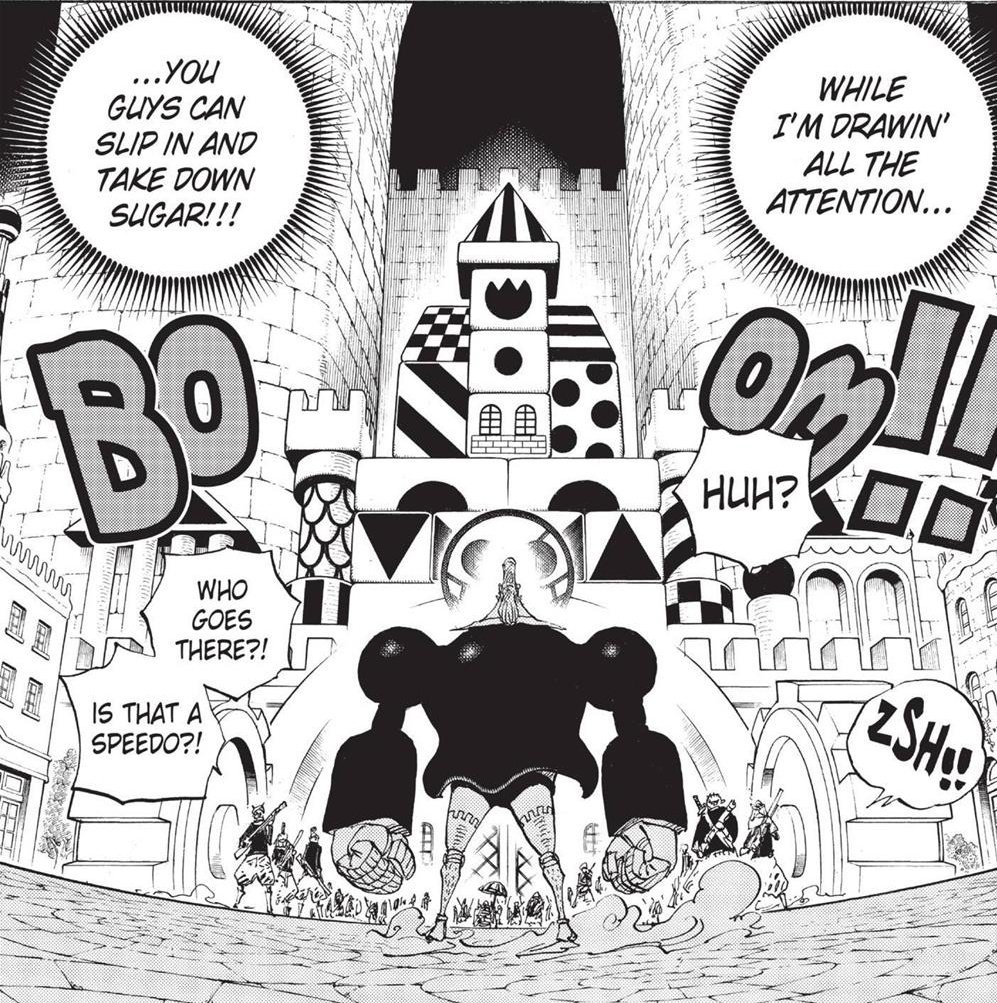 In Dressrosa, Franky goes to buy time for Usopp and the others by causing trouble. Here he fights Doffy's grunts as well as Diamante's officers Señor Pink. As the fight goes one Machvise sneak attacks and he dodges. With a VA and Dellinger joining the battle.