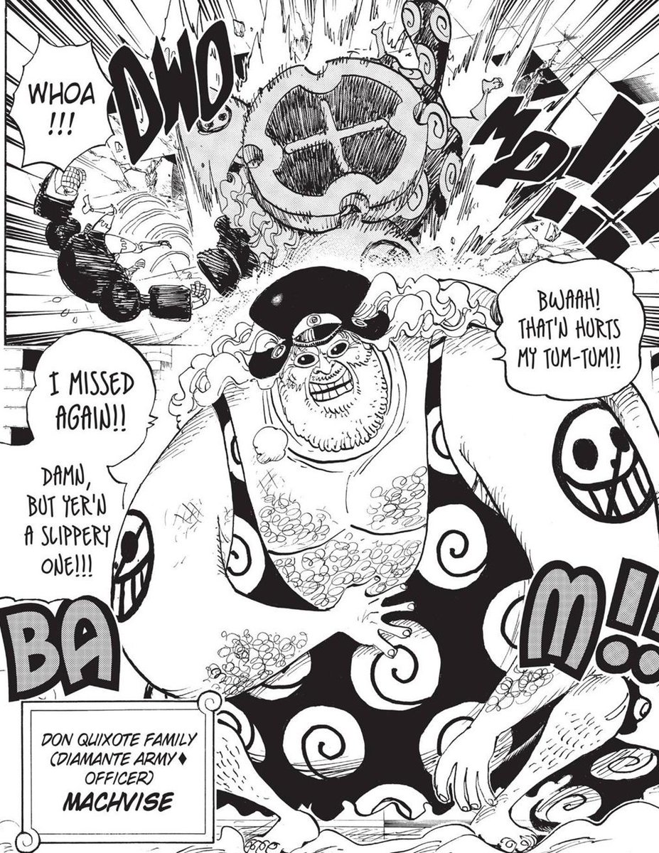 In Dressrosa, Franky goes to buy time for Usopp and the others by causing trouble. Here he fights Doffy's grunts as well as Diamante's officers Señor Pink. As the fight goes one Machvise sneak attacks and he dodges. With a VA and Dellinger joining the battle.