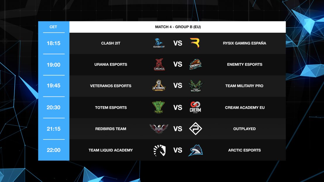 #GKRLeagues #ClashRoyale

🏆 EU Group B | Match 4

▶️ <a href="/clash2it/">Clash2IT A.S.D</a> VS @RysixEspana 
▶️ <a href="/Urania_eSport/">URANIA🦋</a> VS <a href="/Enemity_eSports/">Enemity eSports</a> 
▶️ <a href="/VeteranosClub/">Veteranos eSports</a> VS <a href="/TeamMilitaryGG/">TeamMilitarygg</a> 
▶️ <a href="/esports_totem/">Moved</a> VS @Cream_AcademyGG 
▶️ <a href="/RedbirdsTeam/">RedBirds Team</a> VS @Outplayedstaff 
▶️ <a href="/TeamLiquid/">Team Liquid</a> AC EU VS <a href="/ArcticUprise/">Team Arctic</a>