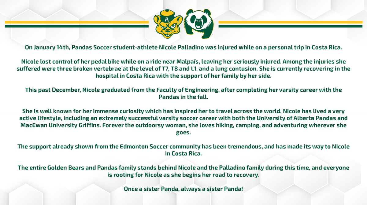 The entire Golden Bears and Pandas family stands behind Nicole Palladino and her family, and everyone is rooting for her as she begins her road to recovery.

The support already shown from the community has been tremendous.

Once a sister Panda, always a sister Panda! 🐼⚽❤️