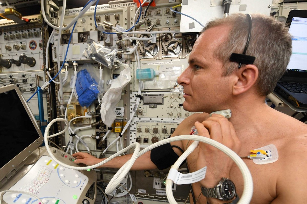 Canadian Space Agency astronaut David Saint-Jacques performs an ultrasound for Vascular Echo, one of three Canadian experiments in the Vascular series, which study the effects of weightlessness on astronauts’ blood vessels and hearts aboard the International Space Station.