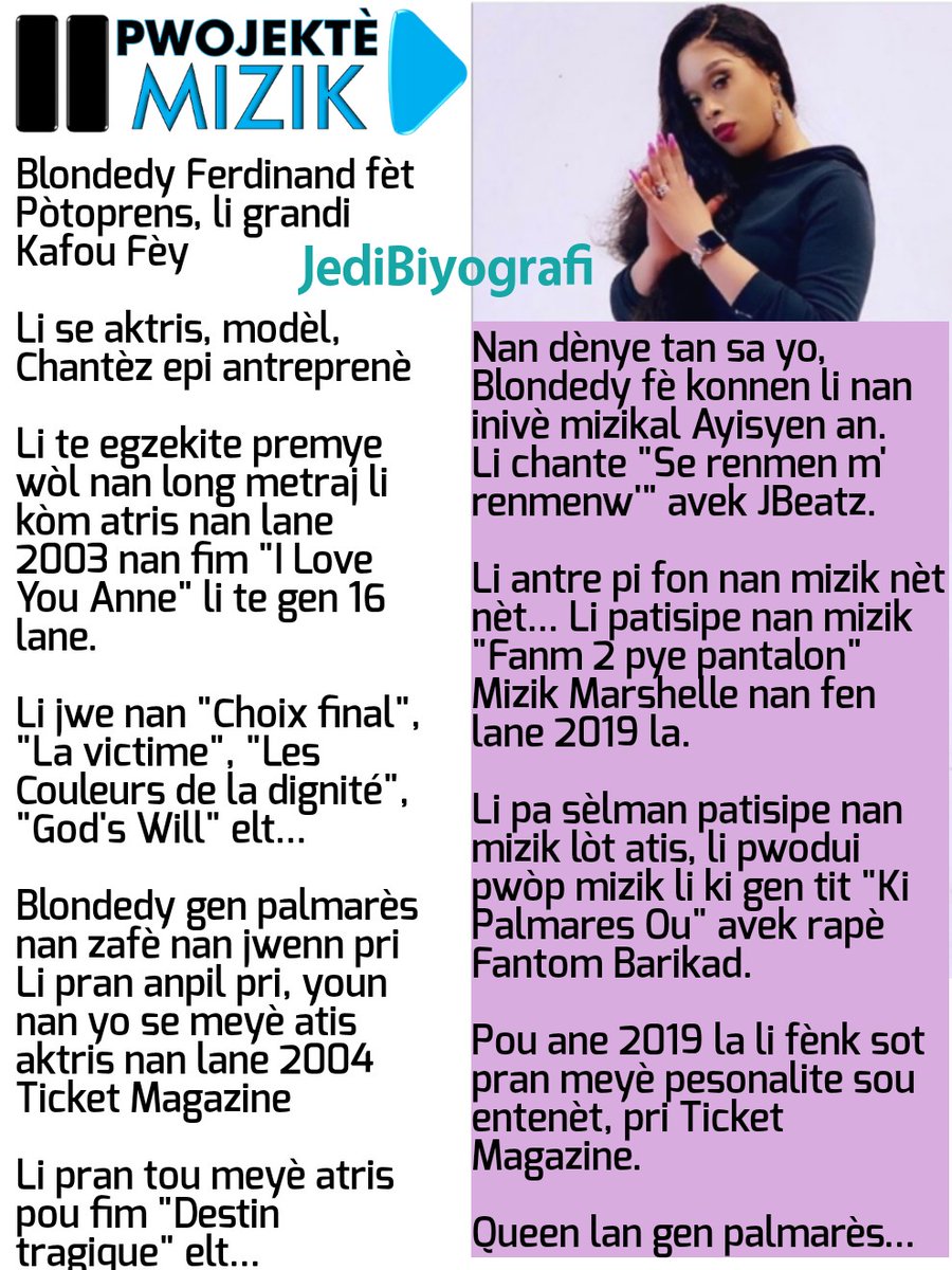 pwojekte_mizik's tweet photo. @BlondedyF
#bio #official #actress #model #singer #live #performance #music #entertainment #HMI #Haiti #follow #followforfollowback #pwojektemizik #culture #art #postoftheday #like #inspiration #support #comment #share #word https://t.co/dJYMiMfzgy