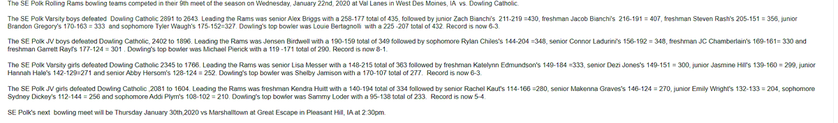 SEPolkRams's tweet photo. .@SEPBowling results from their dual vs. Dowling yesterday 👇 https://t.co/zIUOs0yNuu