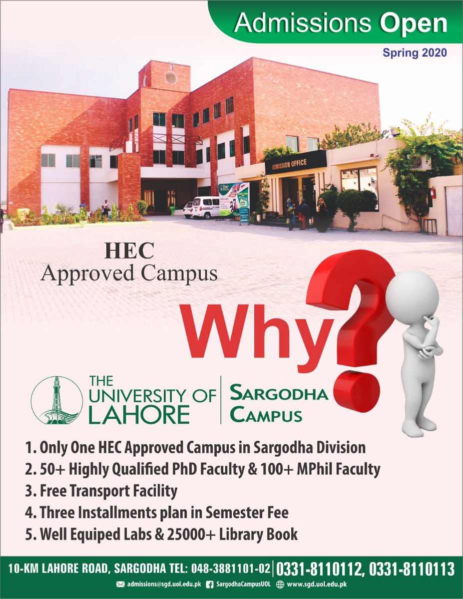 MSCreationspk's tweet photo. Admissions Open .
#Spring_2020
Only one HEC approved campus in #Sarodha_Division
#Free_Transport
#Qualified_Faculty
#Scholarships
#Study_Envirnment ..
Last date to apply :
 February 07,2020 .
@Drzulifqar91 @UOS_edu @uolcitycampus @uol_sargodha @cdcUOS @AWMShaikh https://t.co/SwSwOc2Szi
