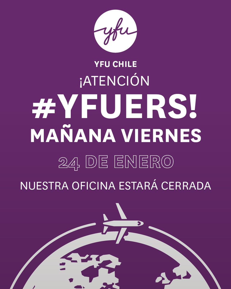YFUChile's tweet photo. ¡Querida familia YFU!

Mañana, viernes 24 de enero, nuestra oficina nacional de YFU permanecerá cerrada.

¡Les esperamos el lunes con toda la energía! https://t.co/LeHkEONeWm